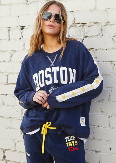 Hammill & Co New Retro track and field collection is here. College navy sweat in a heavy stonewash fleece to give a well loved, worn-in look!