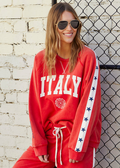 Hammill & Co New Retro track and field collection is here. College red sweat in heavy stonewash fleece to give a well loved, worn-in look! 