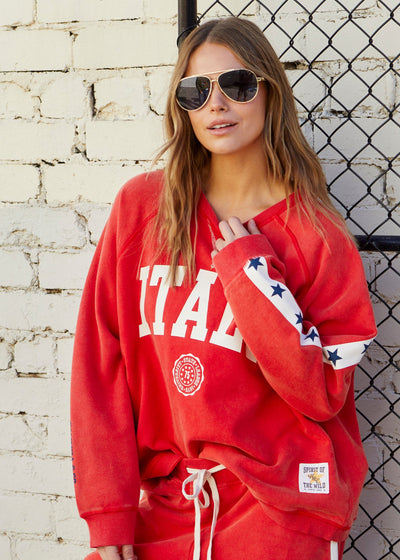 Hammill & Co New Retro track and field collection is here. College red sweat in heavy stonewash fleece to give a well loved, worn-in look! 