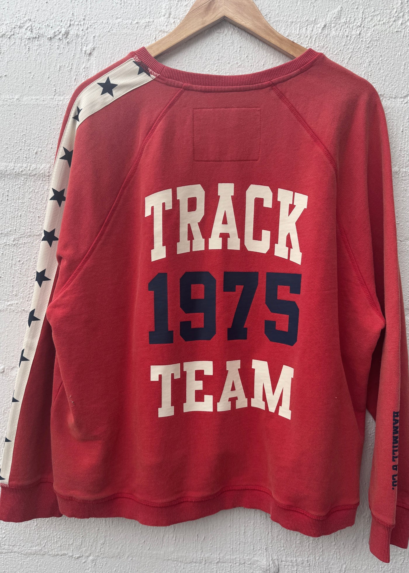 Hammill & Co New Retro track and field collection is here. College red sweat in heavy stonewash fleece to give a well loved, worn-in look! 