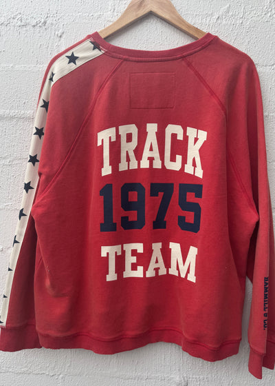 Hammill & Co New Retro track and field collection is here. College red sweat in heavy stonewash fleece to give a well loved, worn-in look! 
