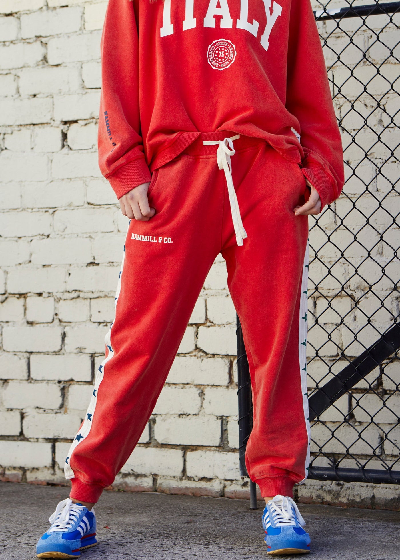 Hammill & Co New Retro track and field collection is here. College red track pant in a heavy stonewash fleece to give a well loved, worn-in look! 