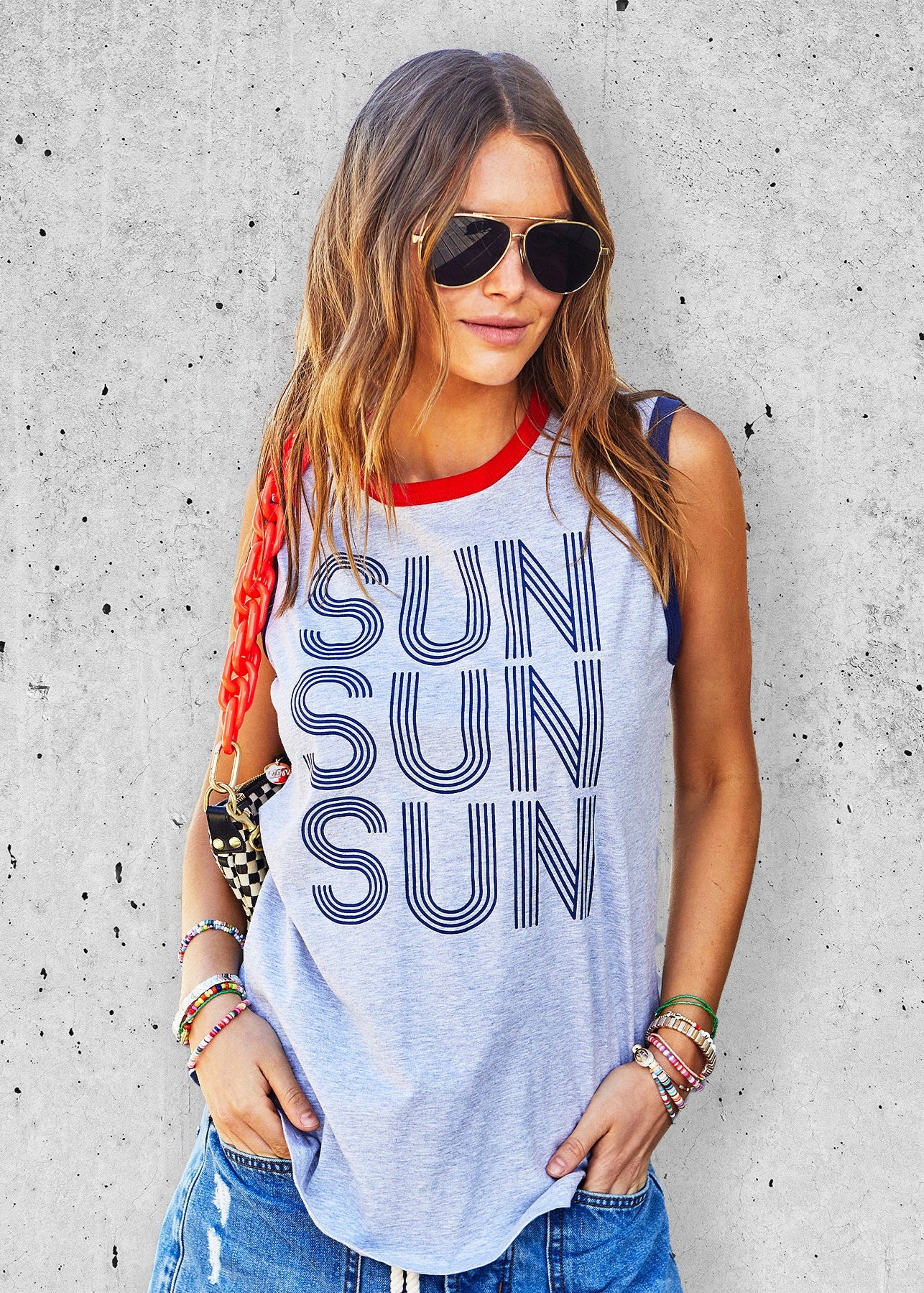 SUN SUMMER TANK - GREY MARLE/ NAVY