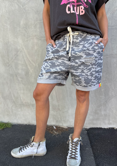 WASHED GREY SLOUCHY CAMO SHORT - SALE